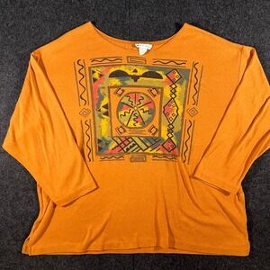 Allison Paige Graphic Top Womens L Orange Southwestern Art To Wear Vintage 90s